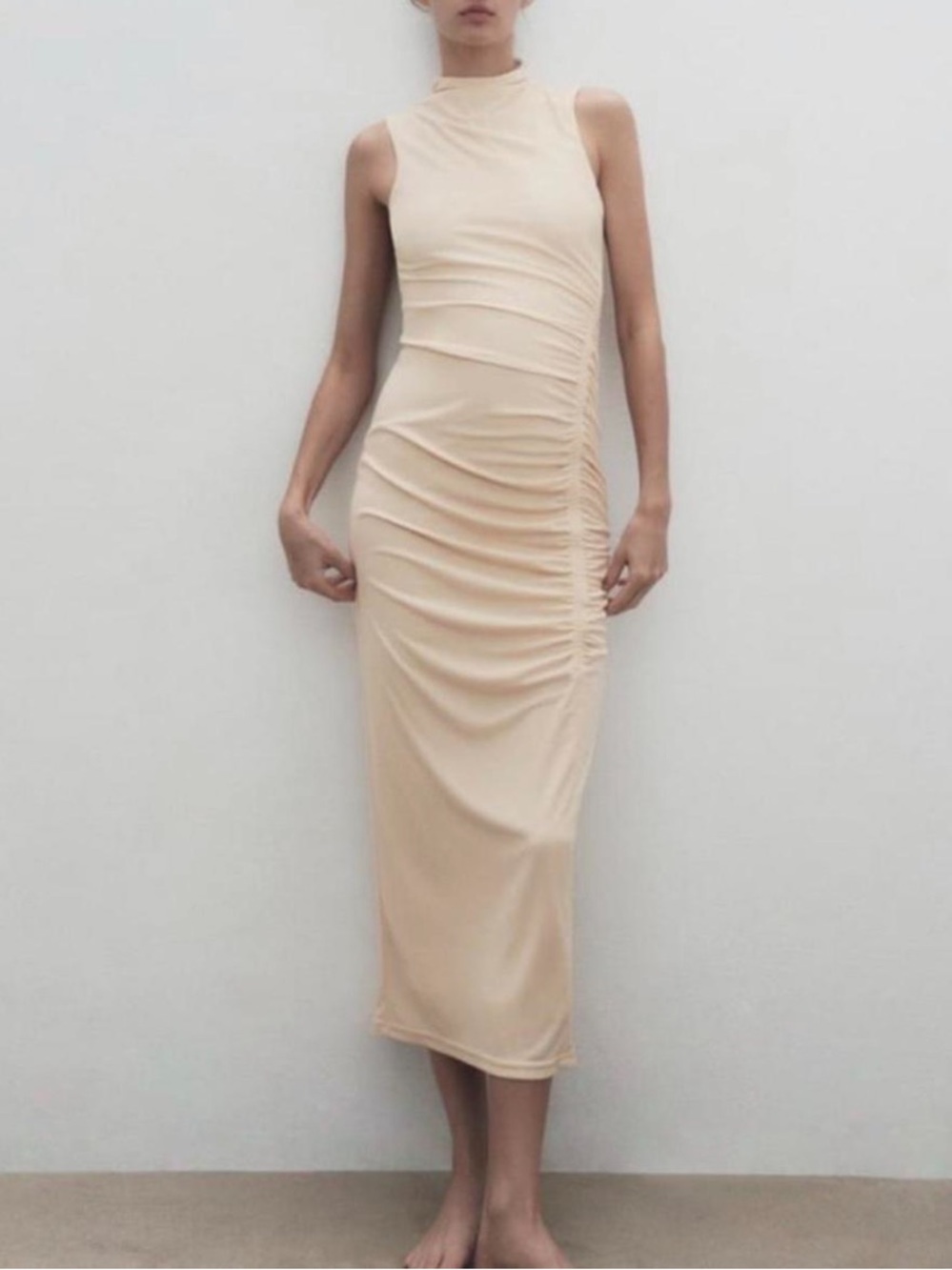 Zara Sleeveless Beige Ruched Midi Dress - Neutral